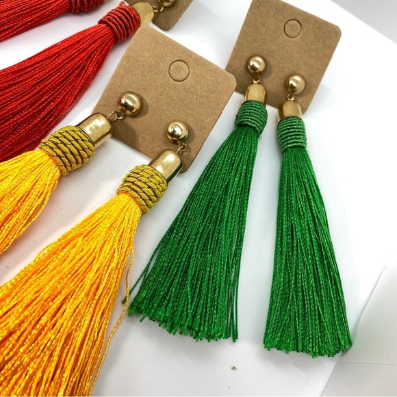 Long Silk Tassel Earrings Set of Three Red Green Yellow - Picture 4 of 6